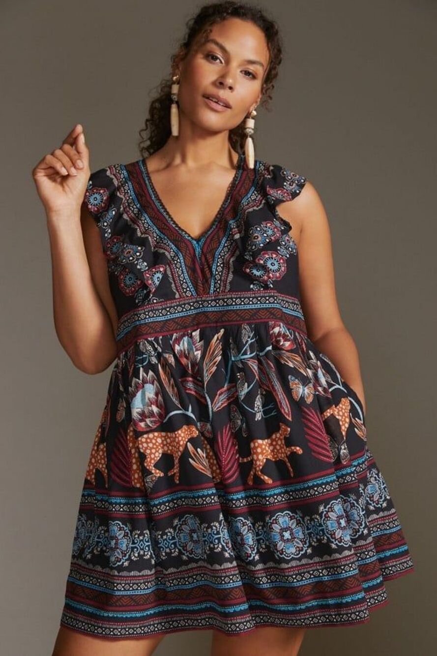 By Anthropologie V-Neck Plunge Floral Safari Pockets Tunic Mini Dress 1X